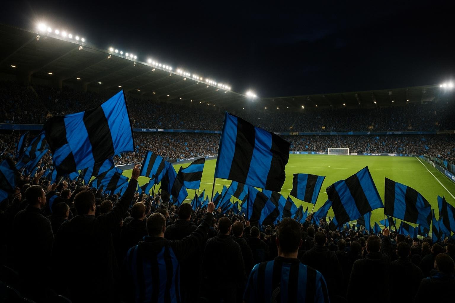 Sfeerbeeld in het stadion van Club Brugge tijdens een avondmatch, zonder herkenbare gezichten
