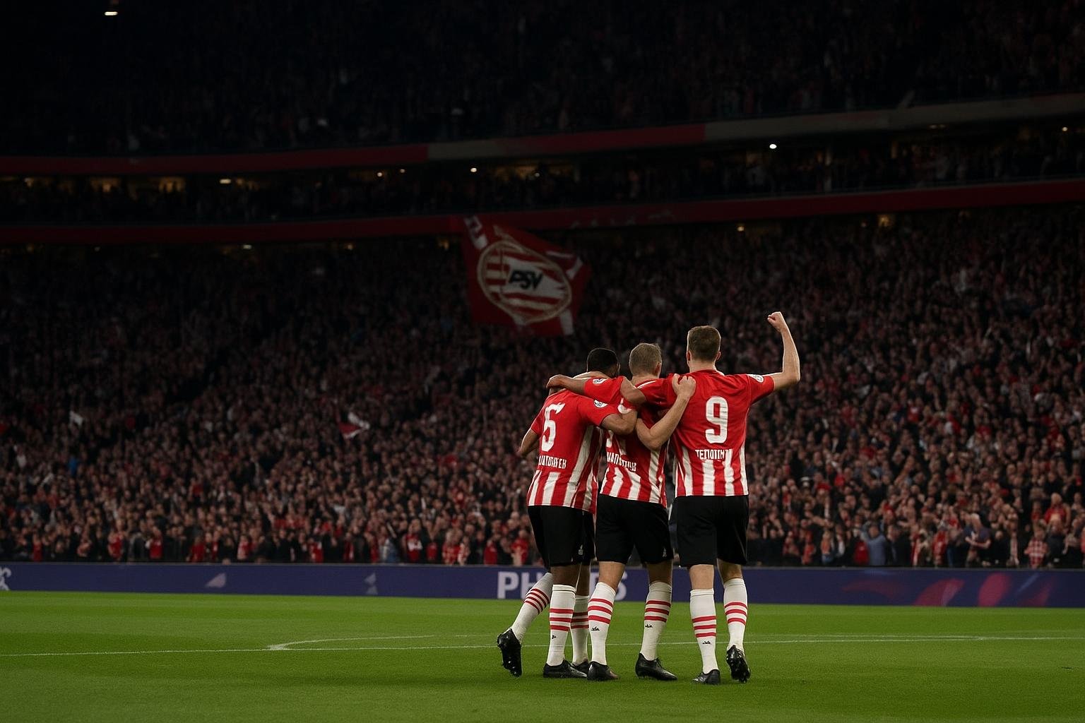 Feestvierende PSV-spelers na een doelpunt in het stadion
