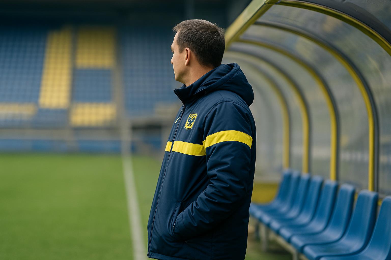 Wouter Vrancken langs de zijlijn bij STVV tijdens een wedstrijdmoment