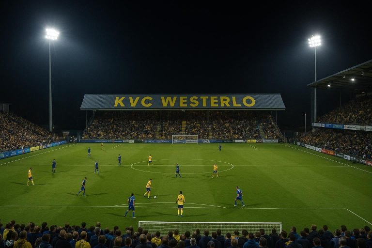 Stadion van KVC Westerlo in avondlicht tijdens een wedstrijd