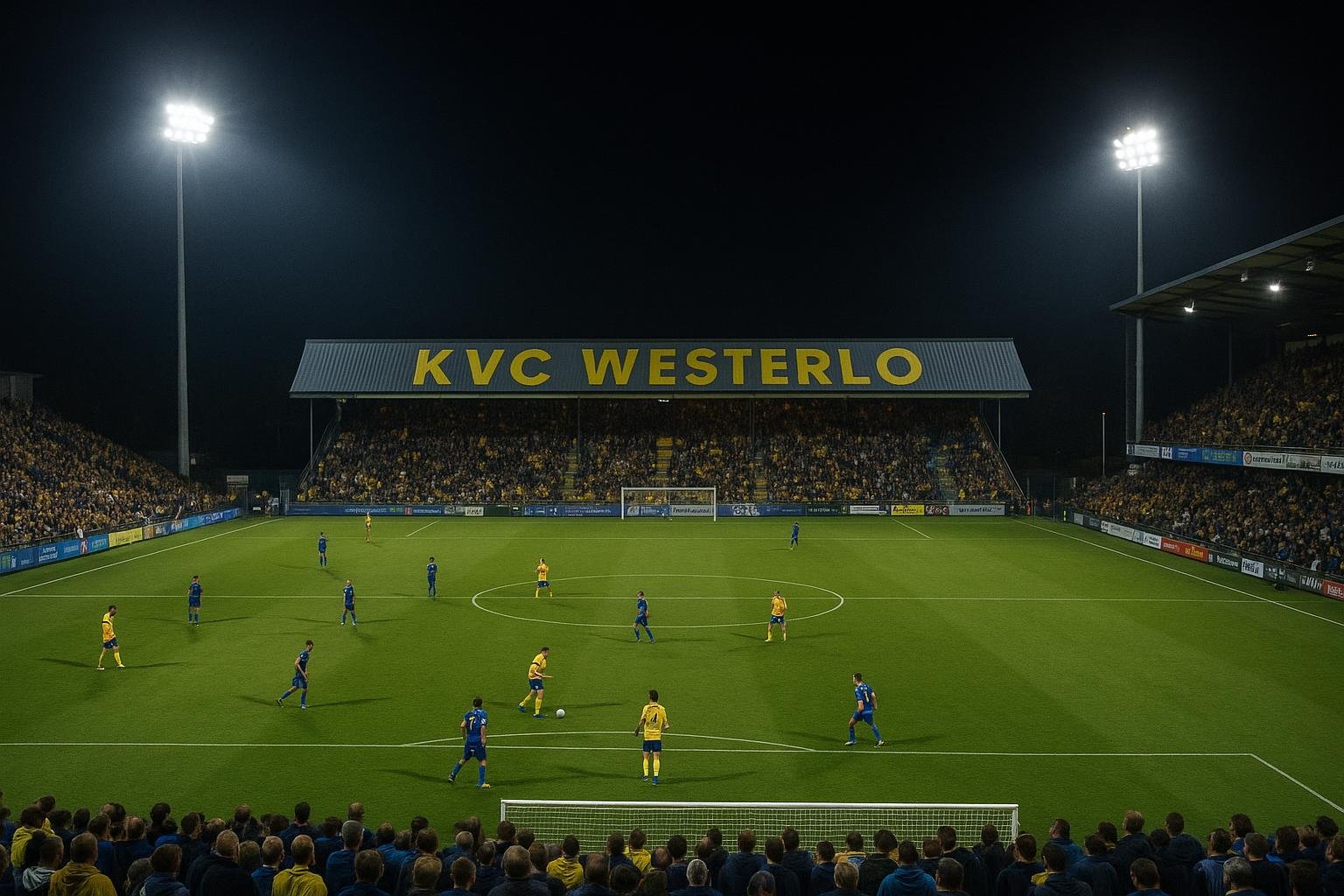 Stadion van KVC Westerlo in avondlicht tijdens een wedstrijd
