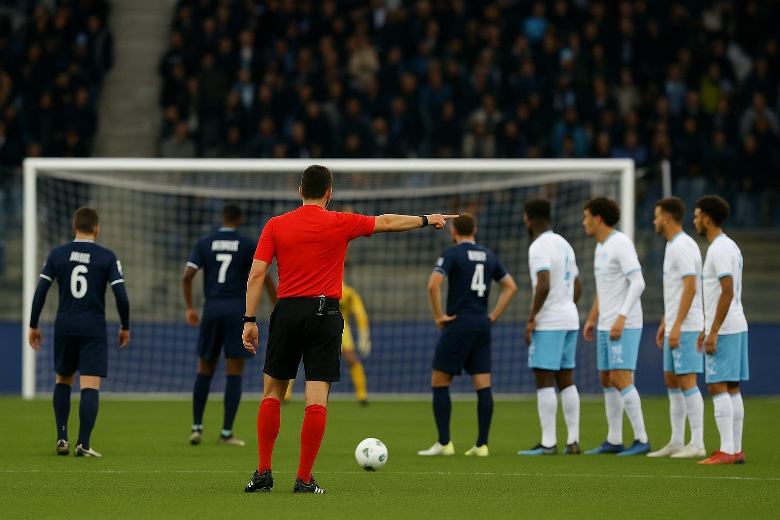 Spelmoment in Paris FC tegen Olympique Marseille met spelers rond het strafschopgebied