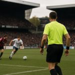 Een scheidsrechter op het veld tijdens een wedstrijd in een vol Belgisch stadion