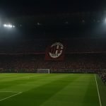 Nachtelijk voetbalstadion met sfeerverlichting rond het veld