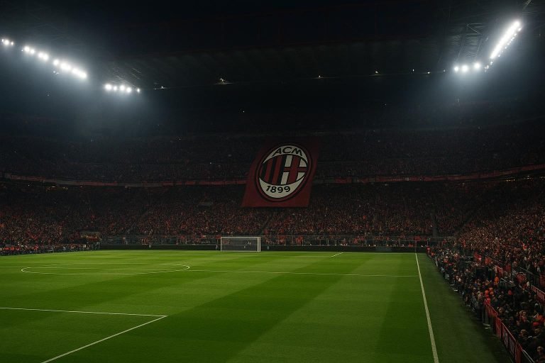 Nachtelijk voetbalstadion met sfeerverlichting rond het veld