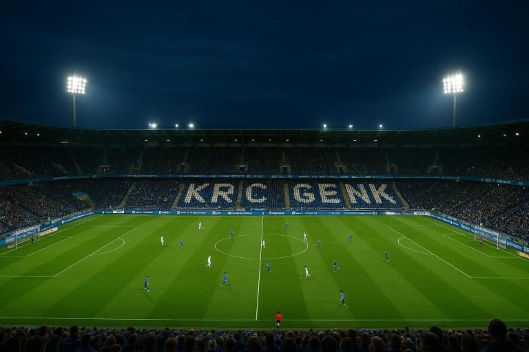 Sfeervol zicht op het stadion van KRC Genk tijdens een avondwedstrijd