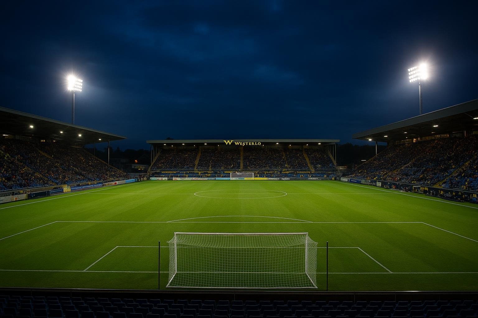 Voetbalstadion bij avond met verlichte tribunes en speelveld