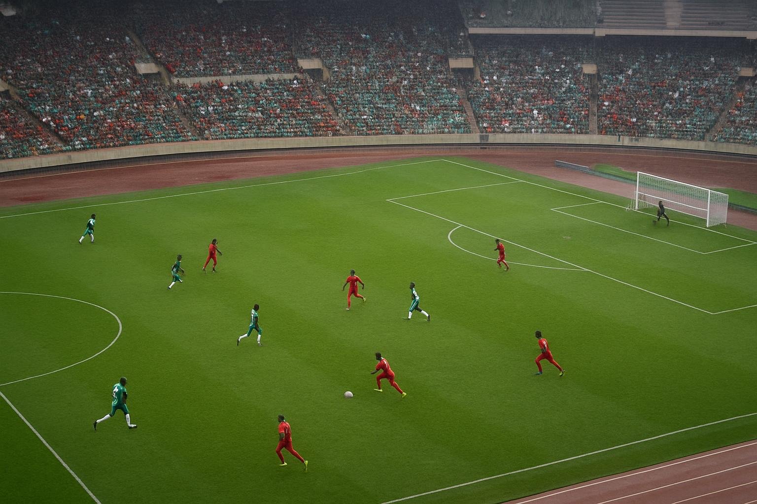 Tense wedstrijdsituatie tijdens een interland in een Afrikaans stadion