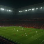 Overzicht van het stadion van Galatasaray tijdens een avondwedstrijd