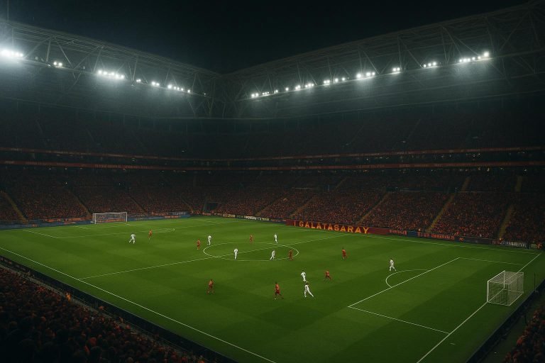 Overzicht van het stadion van Galatasaray tijdens een avondwedstrijd