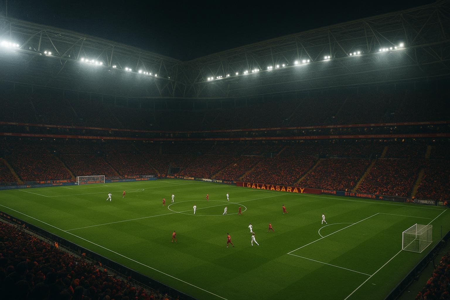 Overzicht van het stadion van Galatasaray tijdens een avondwedstrijd