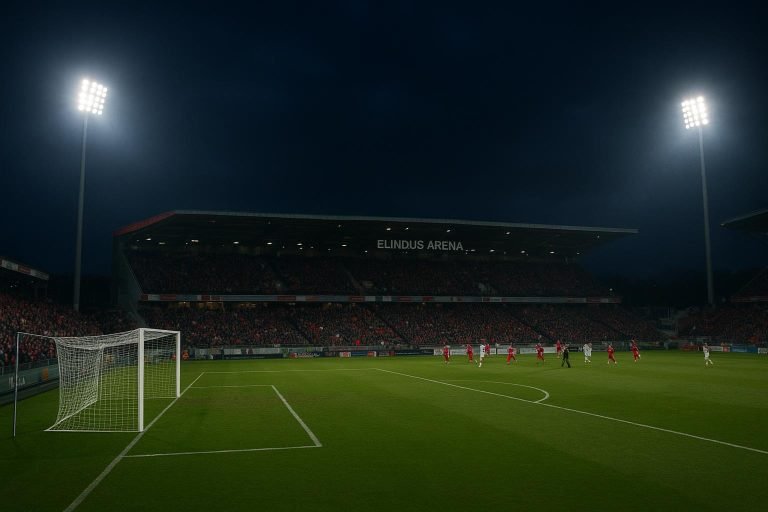 Zicht op de Elindus Arena tijdens een avondwedstrijd