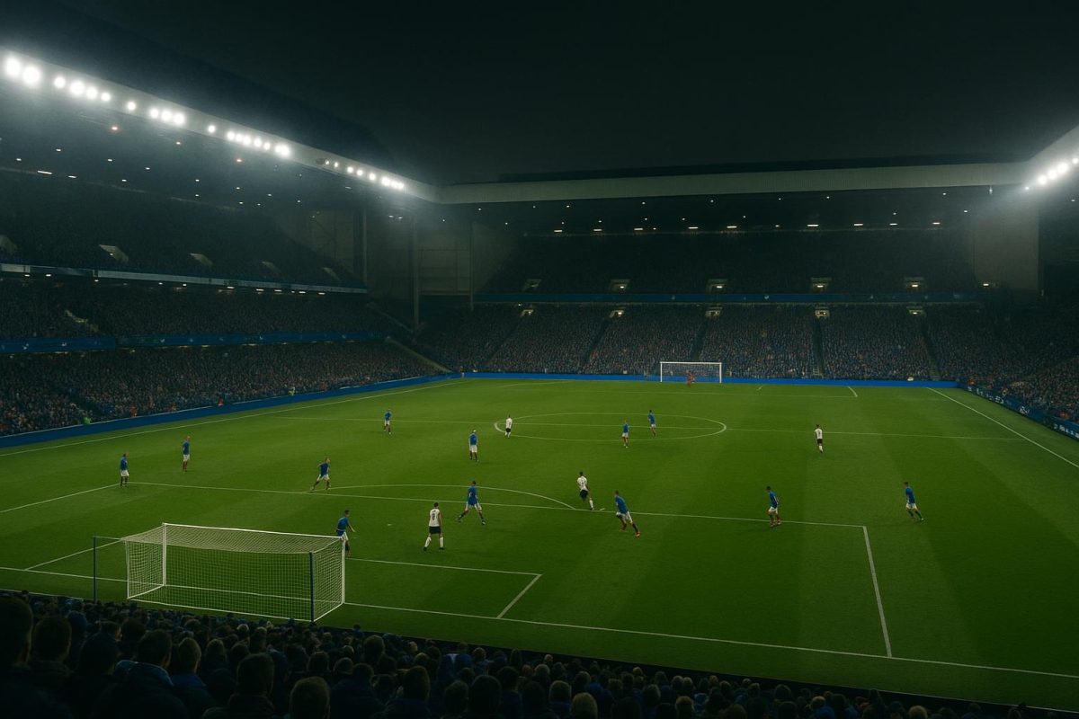Voetbalstadion in Schotland met verlichte tribunes tijdens een wedstrijd