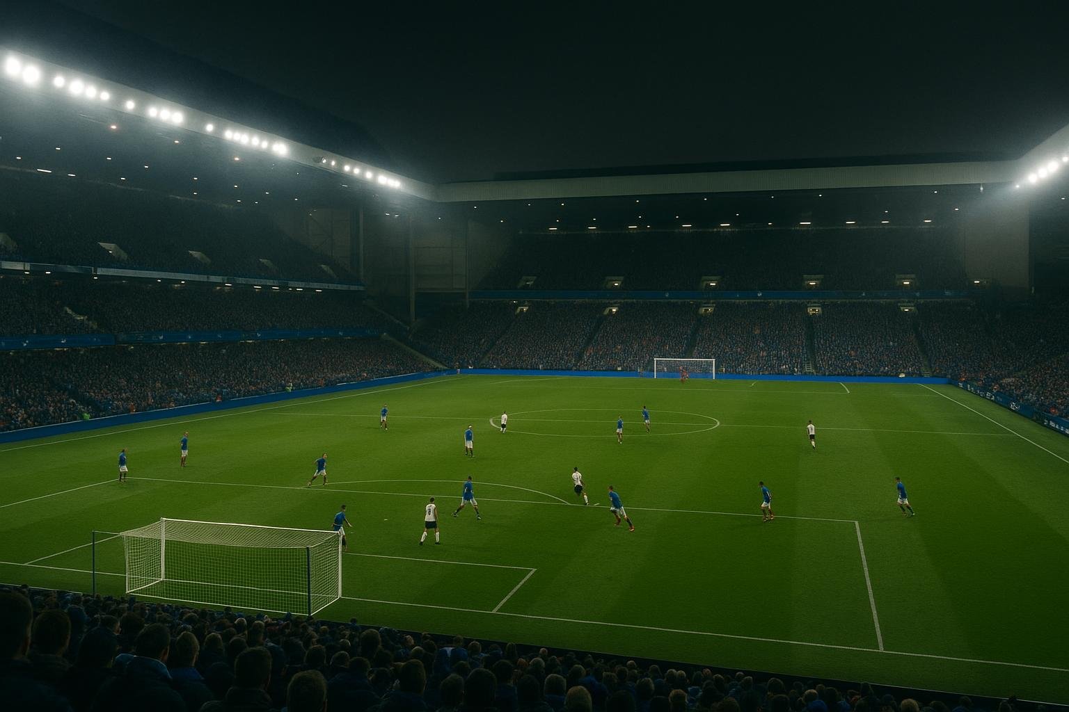 Voetbalstadion in Schotland met verlichte tribunes tijdens een wedstrijd