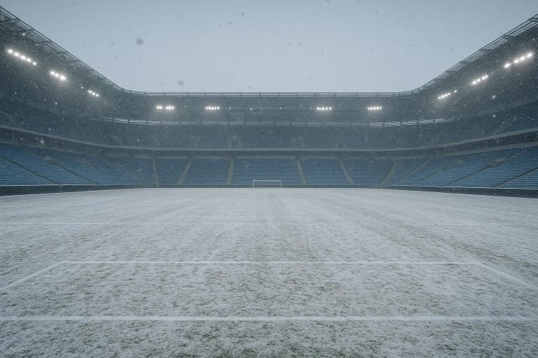 Besneeuwd voetbalveld in een leeg stadion tijdens de winter