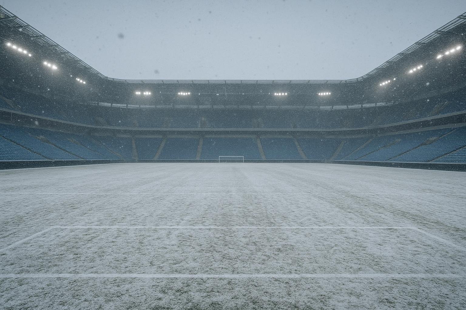 Besneeuwd voetbalveld in een leeg stadion tijdens de winter
