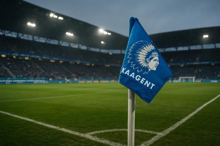 Detail van een hoekvlag in het stadion van KAA Gent tijdens een rustige trainingsdag