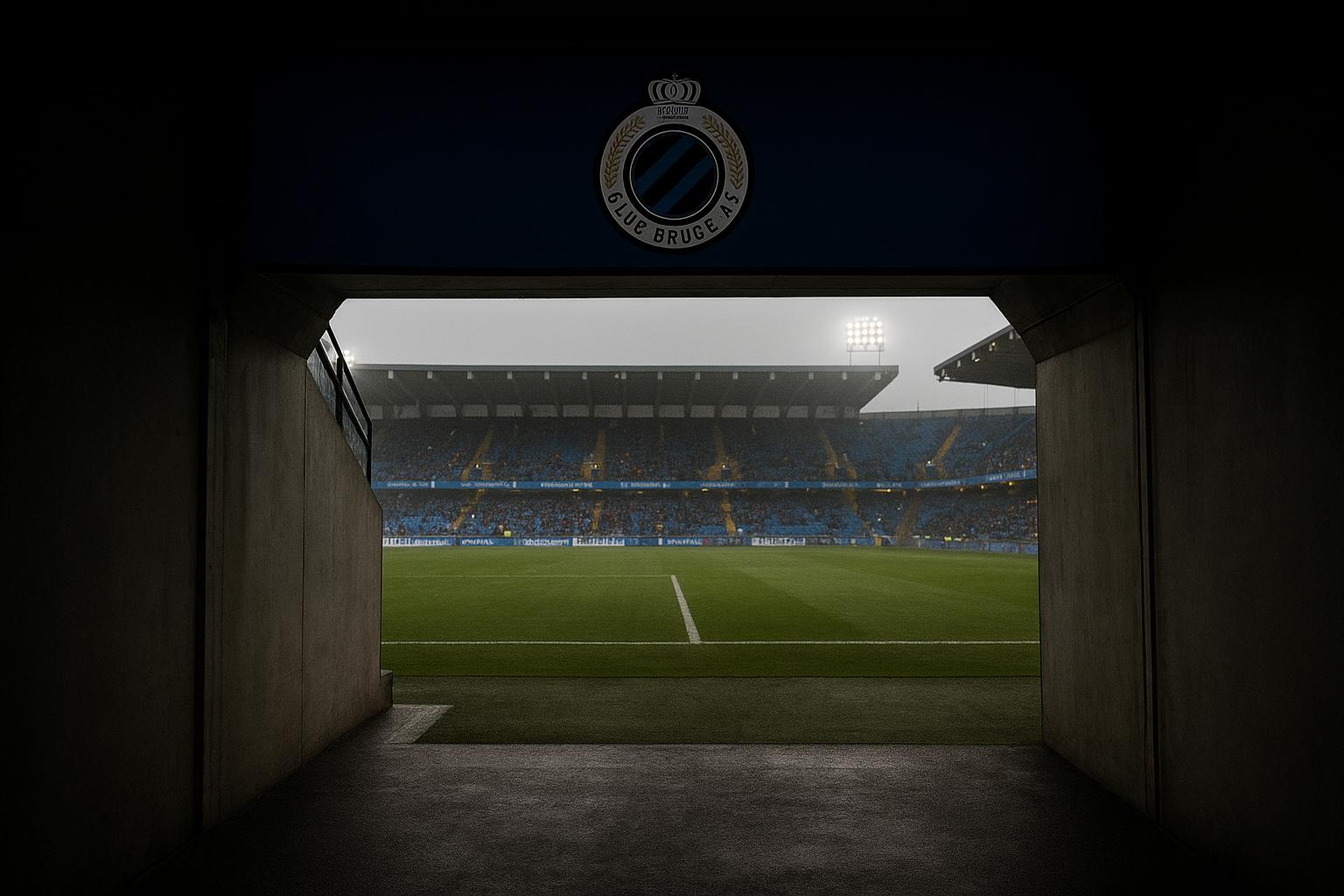 Stadionomgeving van Club Brugge met tunnel en veld in aanloop naar een wedstrijd