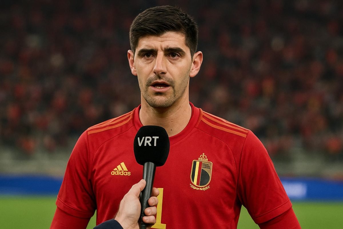 Thibaut Courtois in tenue van België tijdens een interviewmoment