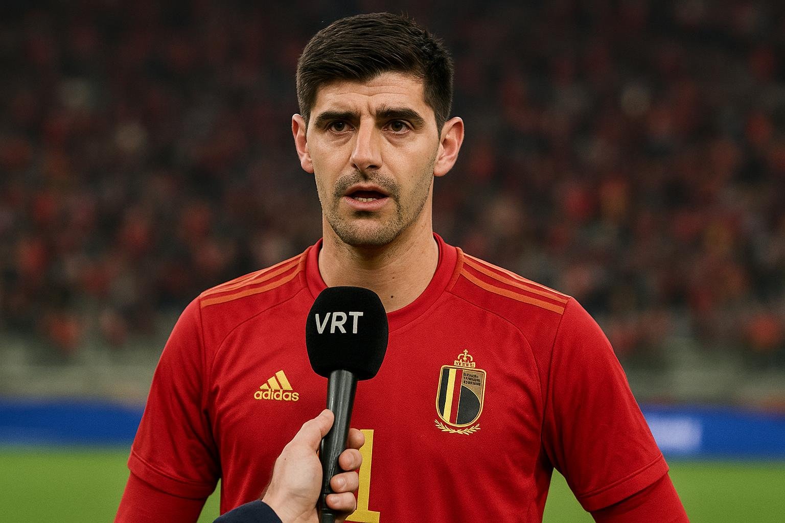 Thibaut Courtois in tenue van België tijdens een interviewmoment