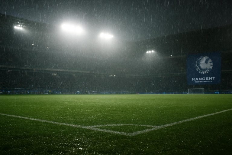 Het stadion van KAA Gent onder de lichten met een nat veld