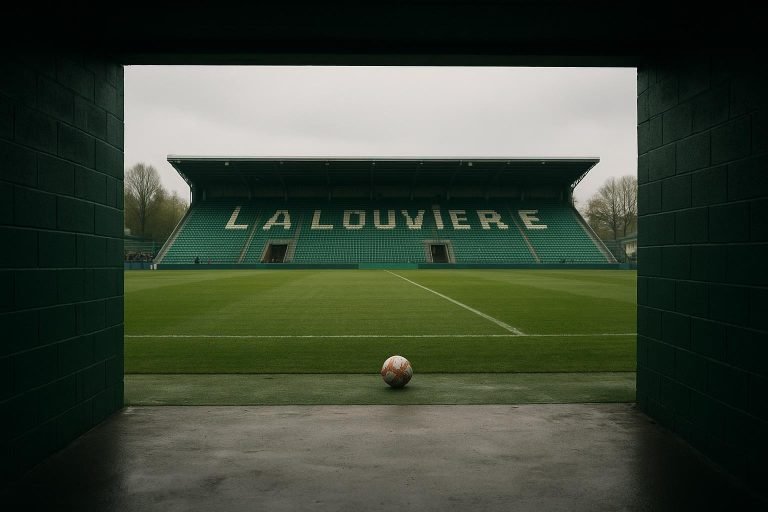 Sfeervol stadion met tunnel en zicht op het veld bij La Louvière