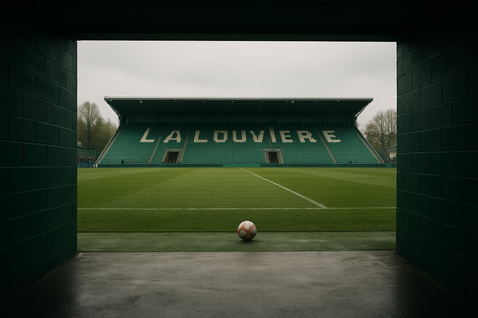 Sfeervol stadion met tunnel en zicht op het veld bij La Louvière