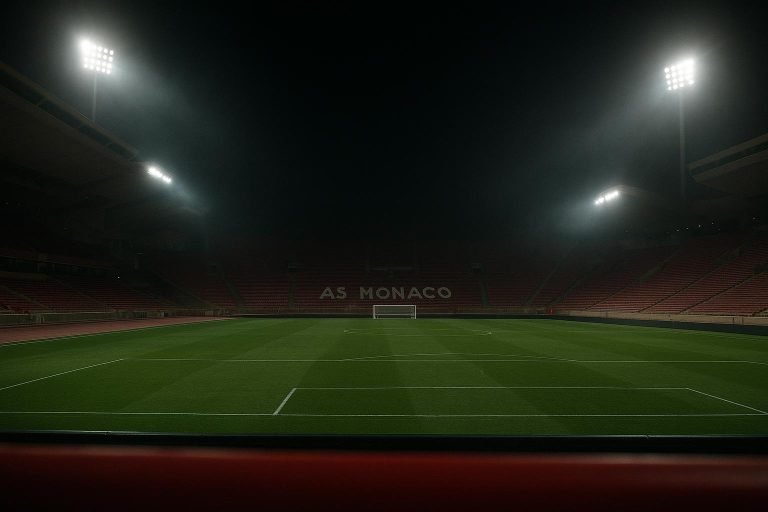Sfeervol stadion van AS Monaco onder de lichten tijdens een avondwedstrijd