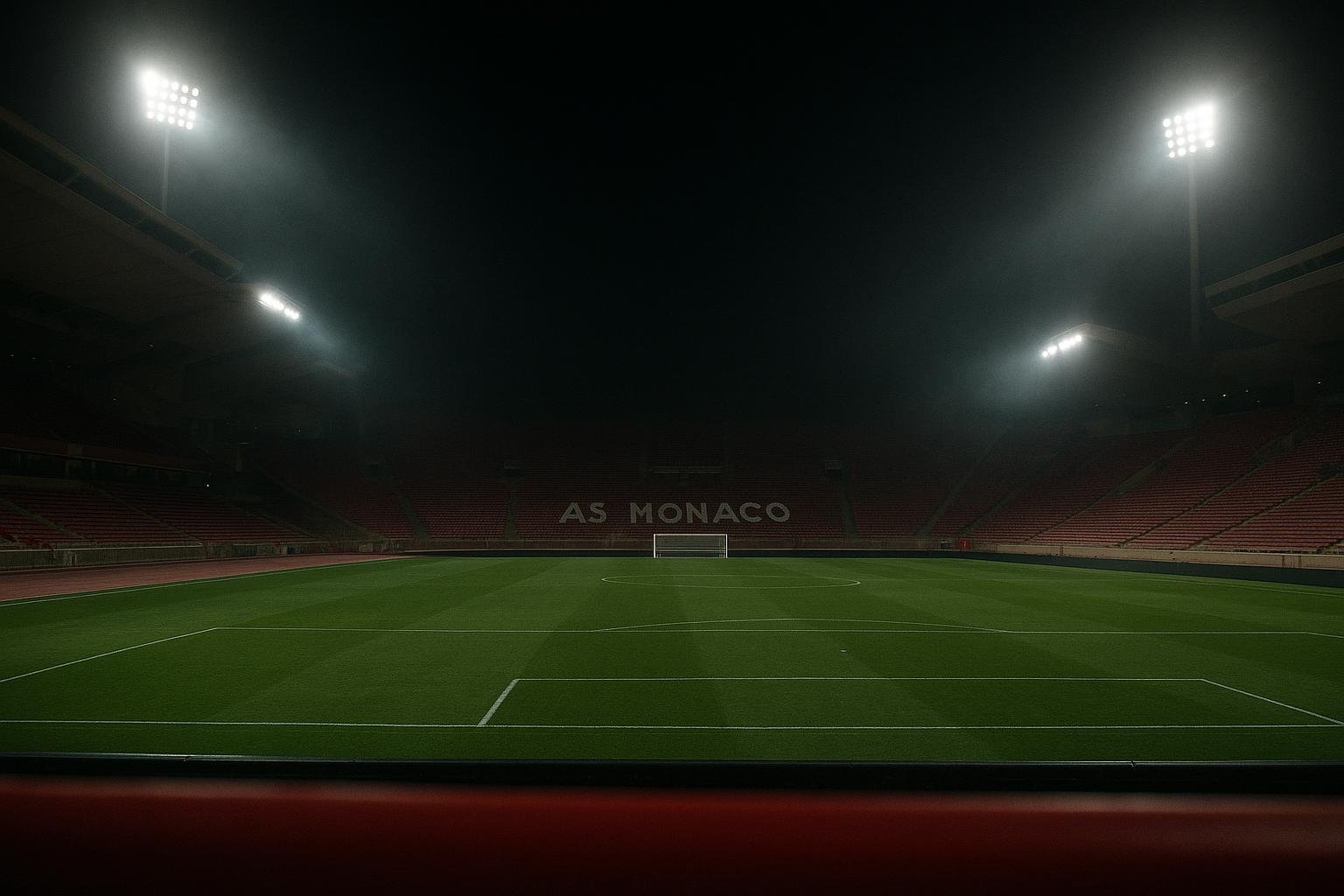 Sfeervol stadion van AS Monaco onder de lichten tijdens een avondwedstrijd