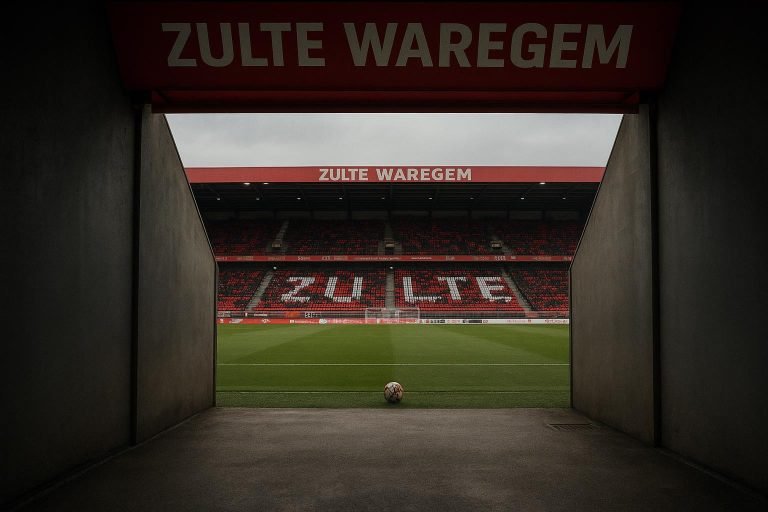 Stadion van Zulte Waregem met zicht op spelerstunnel en het veld