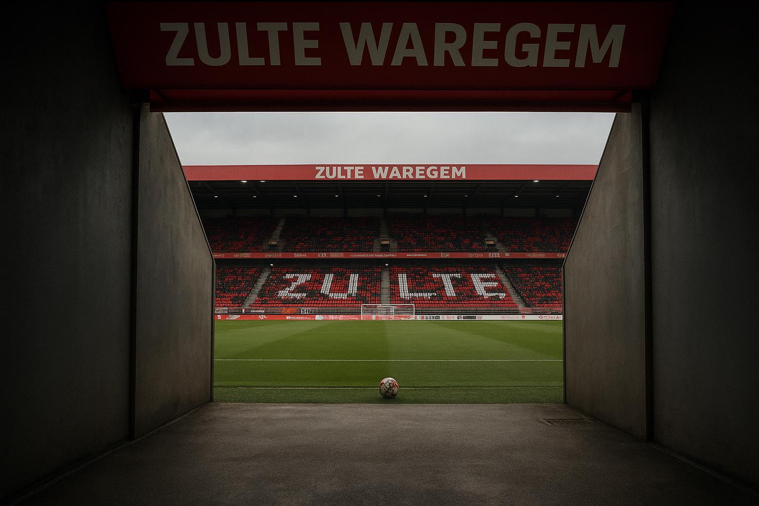 Stadion van Zulte Waregem met zicht op spelerstunnel en het veld