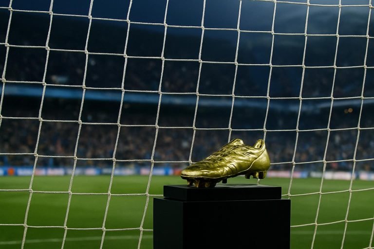 Detail van een voetbaldoel met zicht op Gouden Schoen-trofee langs het veld