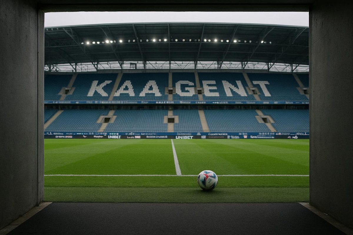 Stadionomgeving van KAA Gent met zicht op de spelerstunnel en het veld