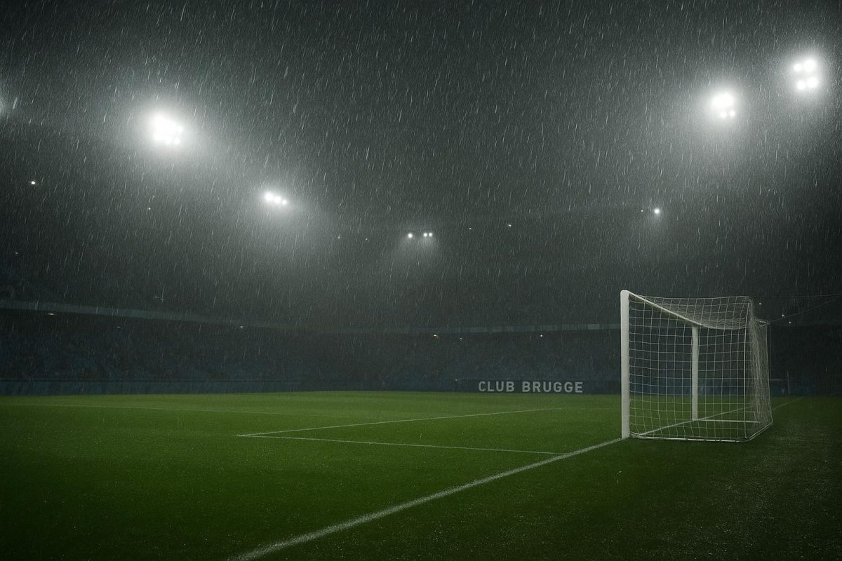 Regenachtig avondbeeld van het stadion van Club Brugge onder felle stadionlichten