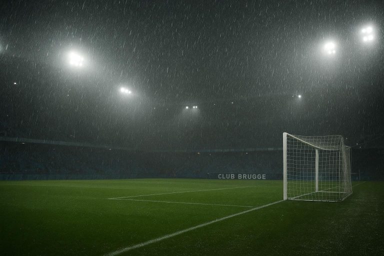 Regenachtig avondbeeld van het stadion van Club Brugge onder felle stadionlichten