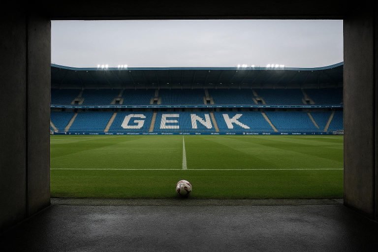 Stadionscène van KRC Genk met zicht op spelerstunnel en speelveld
