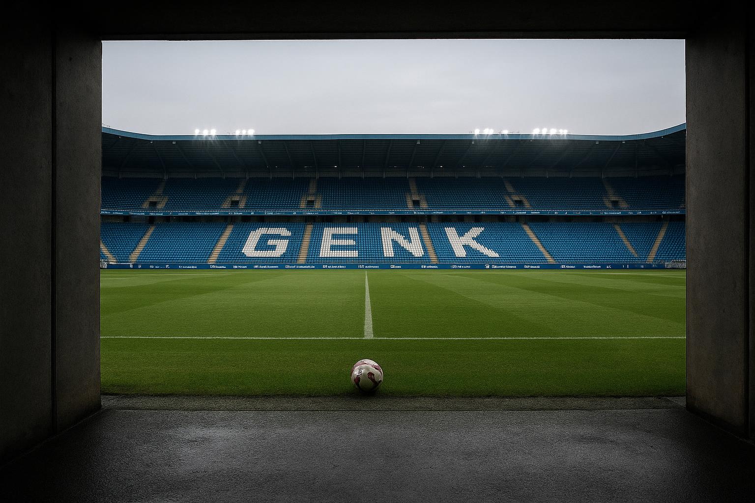 Stadionscรจne van KRC Genk met zicht op spelerstunnel en speelveld