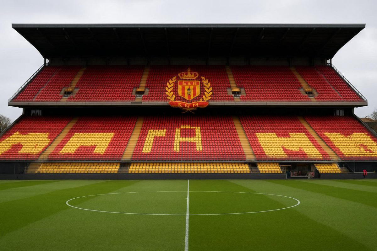 Tribunes van KV Mechelen met clubkleuren en sfeer in het stadion