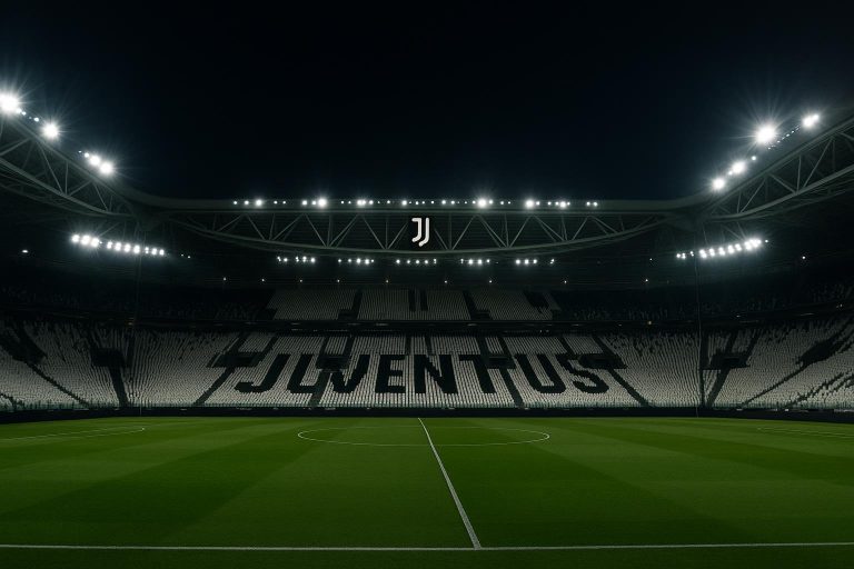 Stadion van Juventus onder de avondlijke stadionlichten