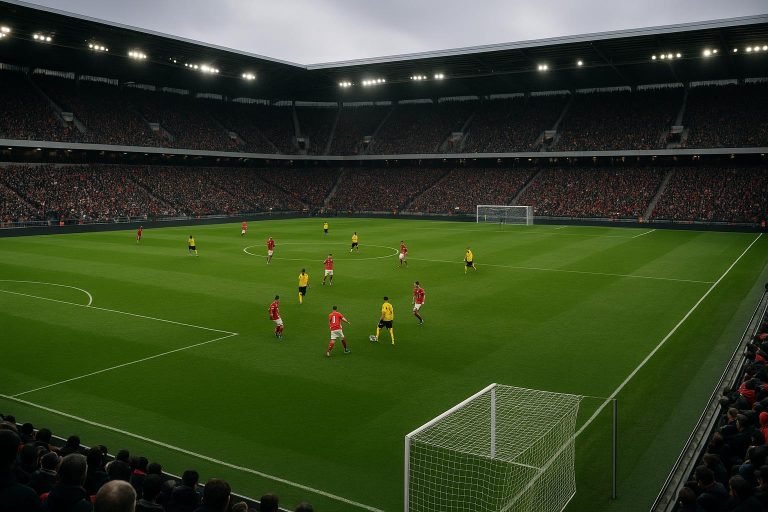 Actiebeeld uit een wedstrijd in de Jupiler Pro League in een vol stadion