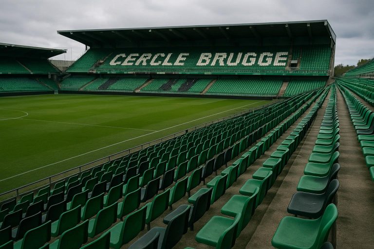 Stadionsfeer bij Cercle Brugge met groen-zwarte tribunes