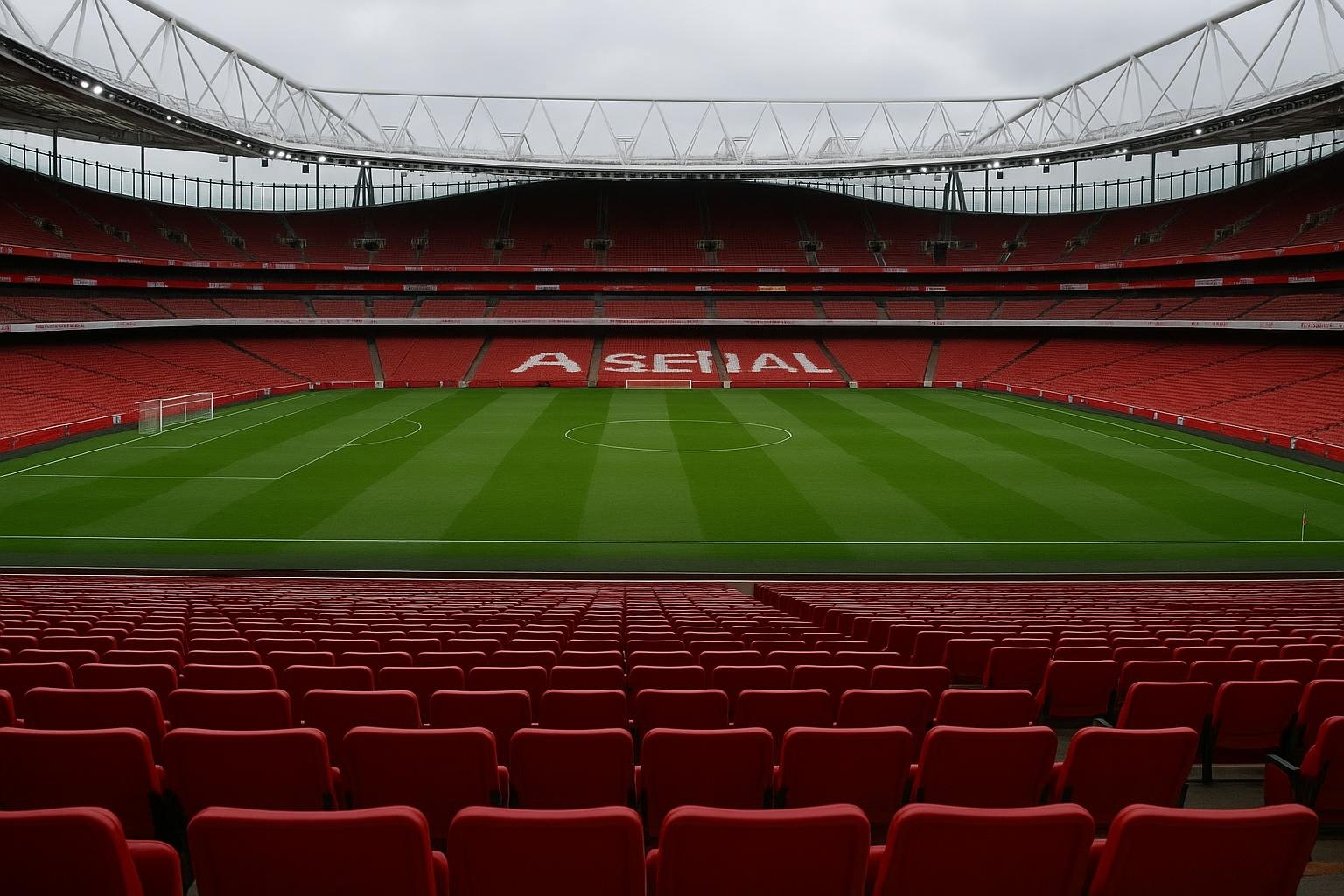 Stadionsfeer bij Arsenal met rood-witte tribunes