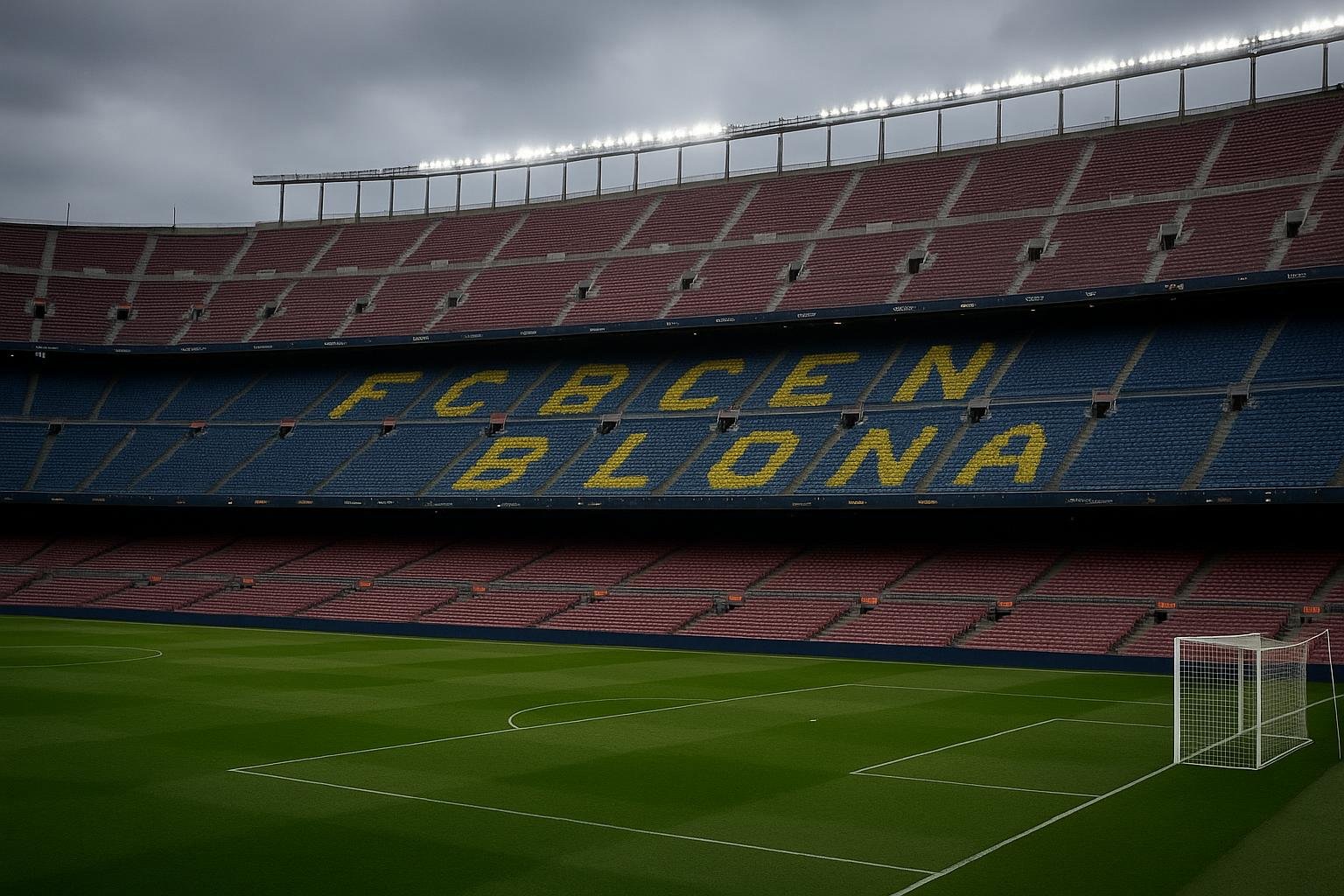 Stadion van FC Barcelona met gekleurde tribunes in aanloop naar een wedstrijd