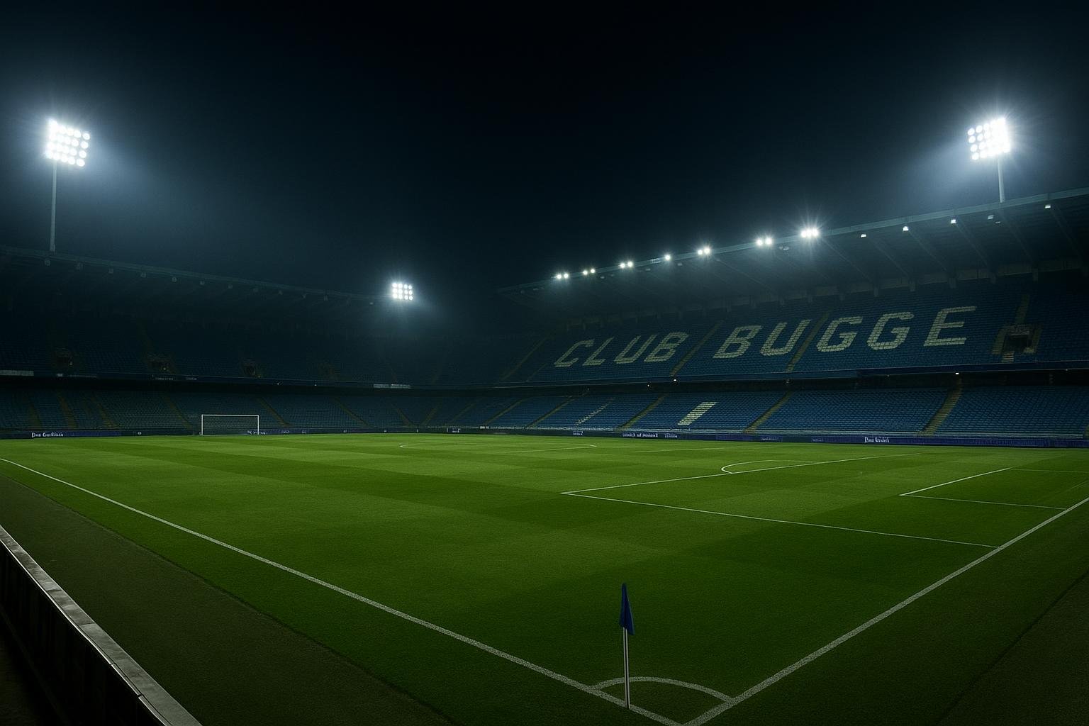 Stadion van Club Brugge in de avond onder de schijnwerpers