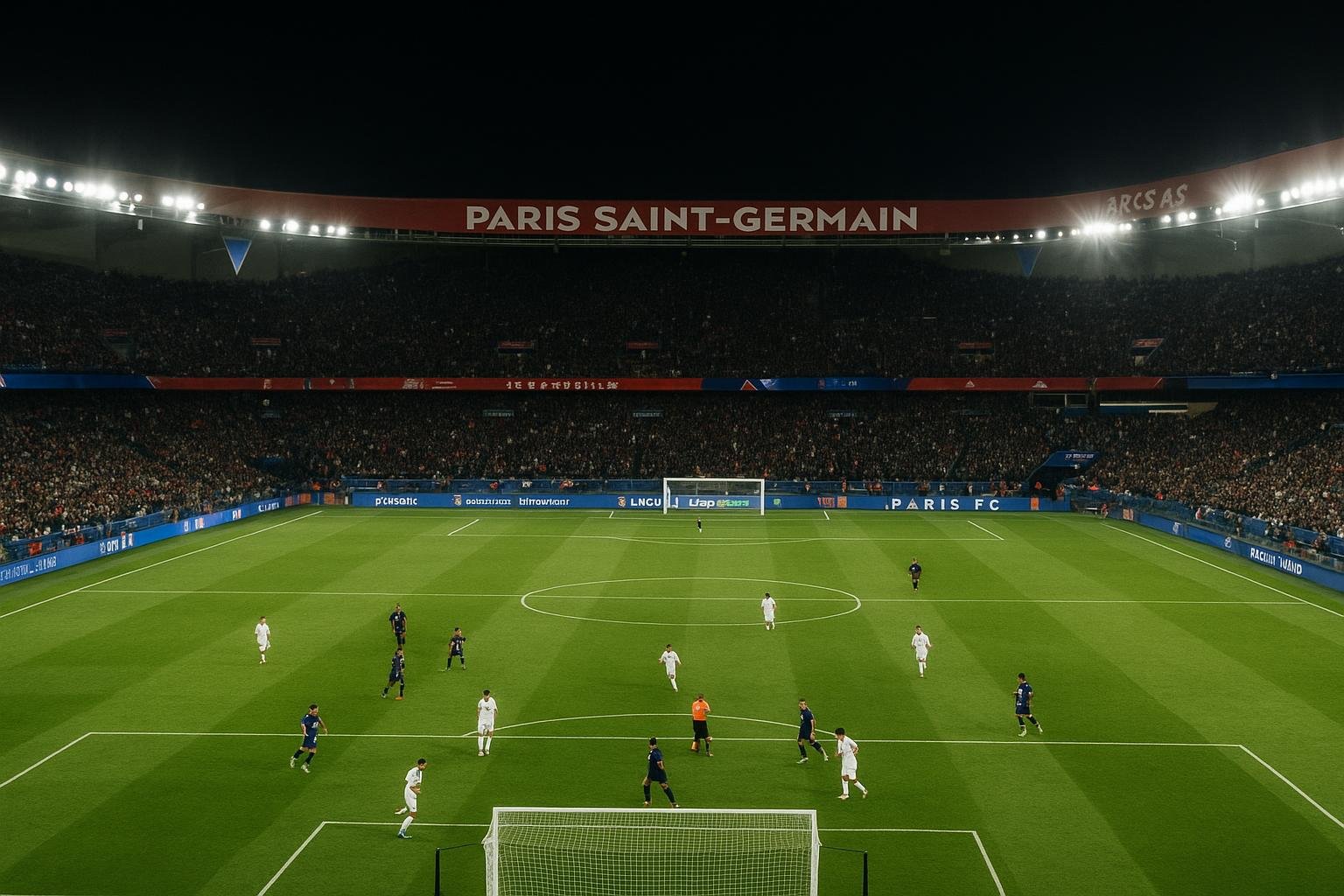 Lichtgevend voetbalstadion in Parijs voor een avondwedstrijd