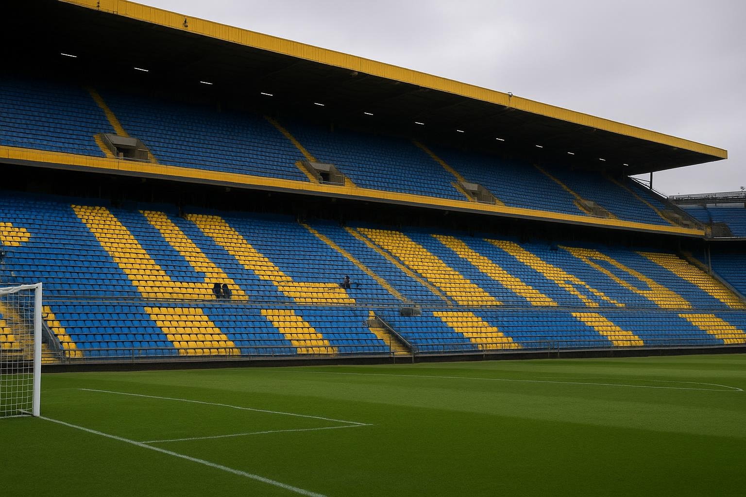 Stadion van Rosario Central met zicht op tribunes in clubkleuren en het speelveld