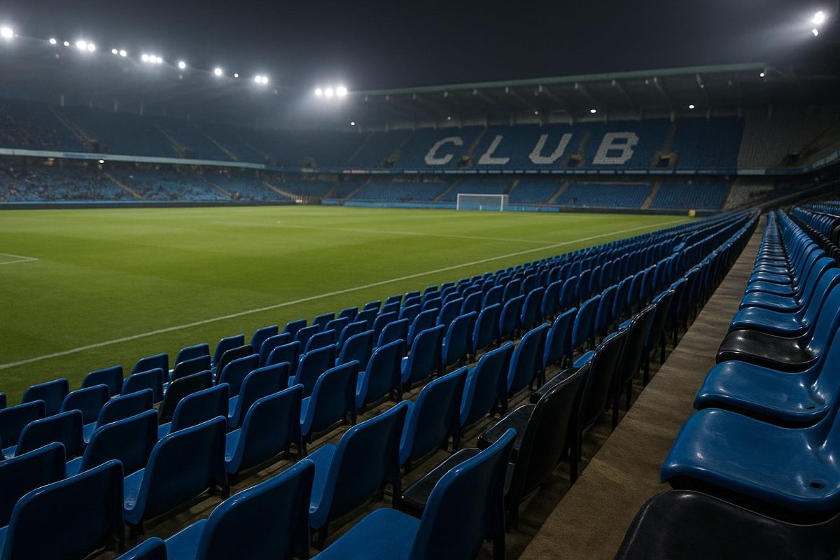 Stadion van Club Brugge met blauwe zitjes en wedstrijdsfeer