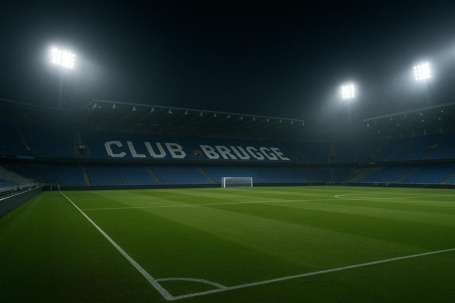 Stadion van Club Brugge in de avond onder felle stadionlichten