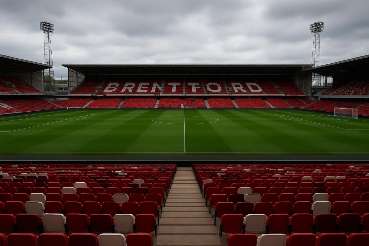 Stadion van Brentford met zicht op tribunes en speelveld
