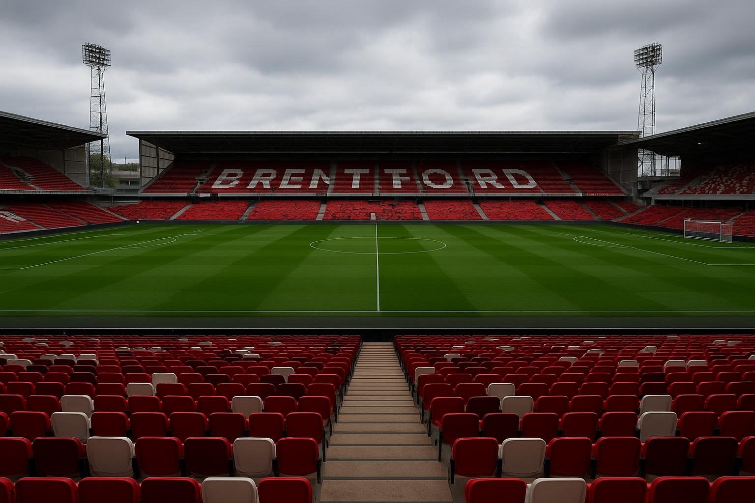 Stadion van Brentford met zicht op tribunes en speelveld